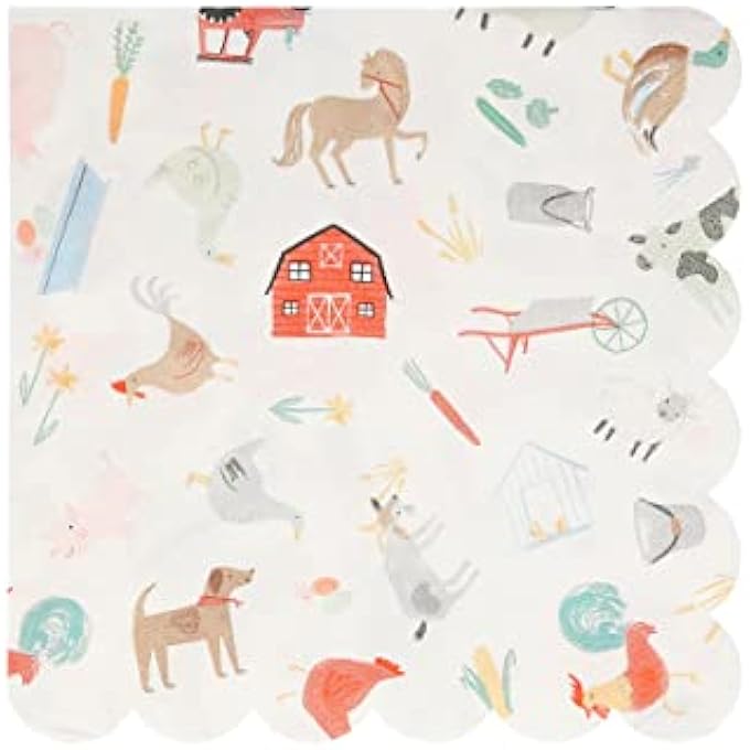 ON THE FARM LARGE NAPKINS PACK OF 20FUN FARM ANIMAL PARTY PAPER NAPKINS WITH SCALLOPED EDGE AND NEON DETAIL FOR BIRTHDAY, KIDS, ADULT, CELEBRATION, TABLE DCOR - Image 1